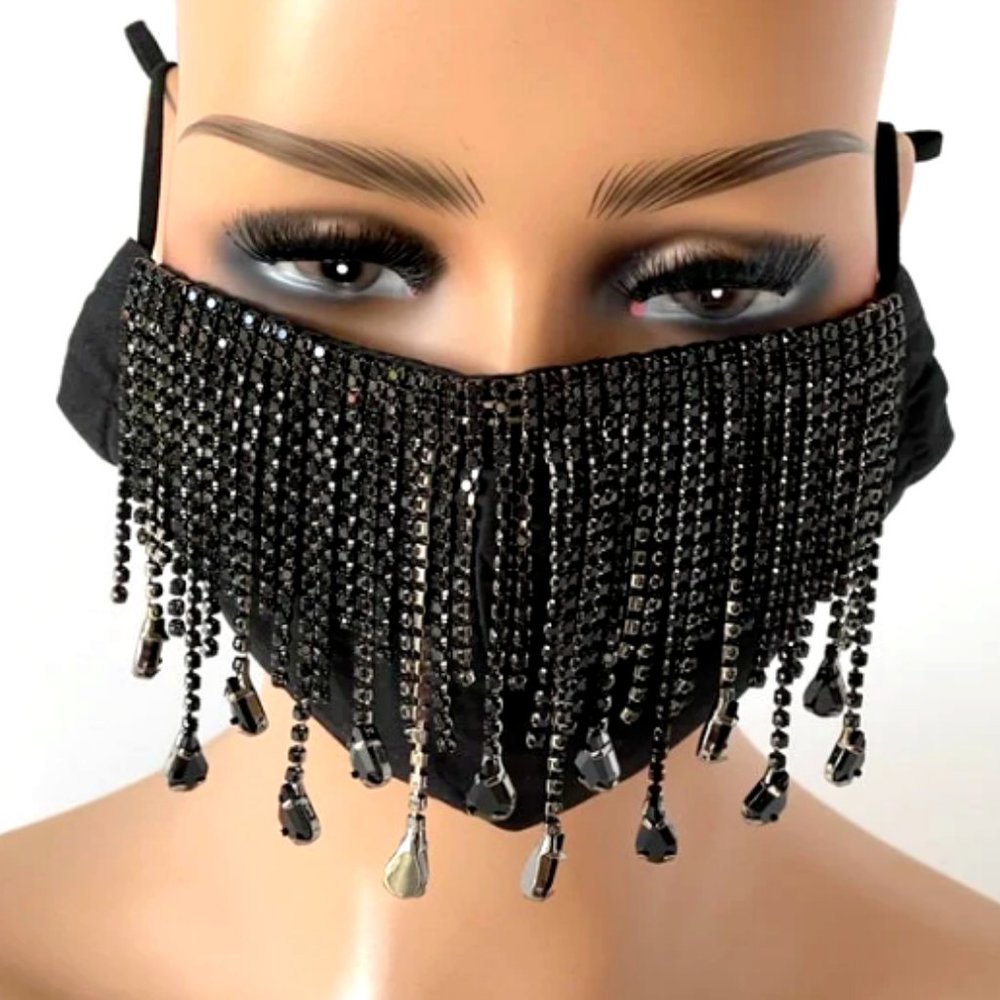 Black Jewelry Rhinestone face mask black tassel fringe dangly masks